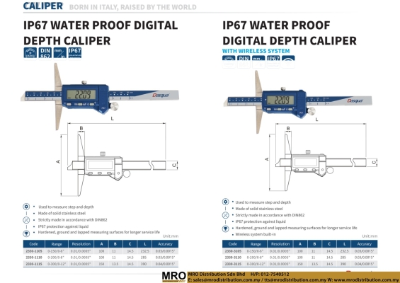 IP67 Water Proof Digital Depth Caliper & IP67 Water Proof Digital Depth Caliper with Wireless System