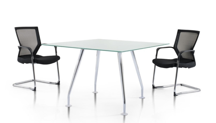 Square tempered glass discussion table with Ixia chrome leg