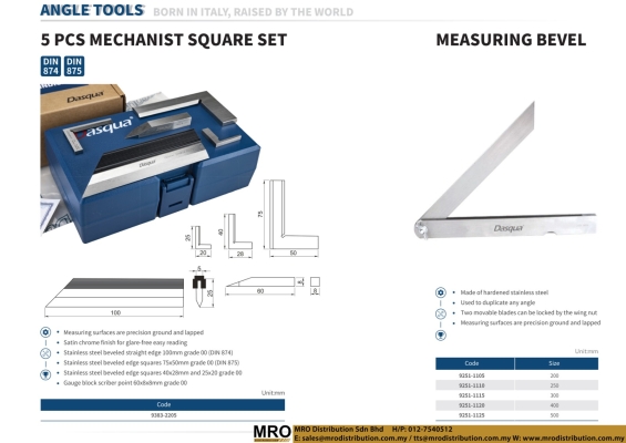 5 Pcs Mechanist Square Set & Measuring Bevel