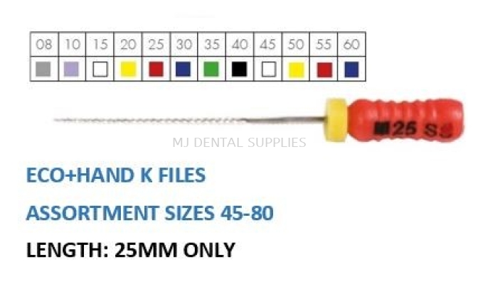 ECO+HAND K FILES ASSORTMENT SIZES 45-80, LENGTH - 25MM, PERFECTION PLUS