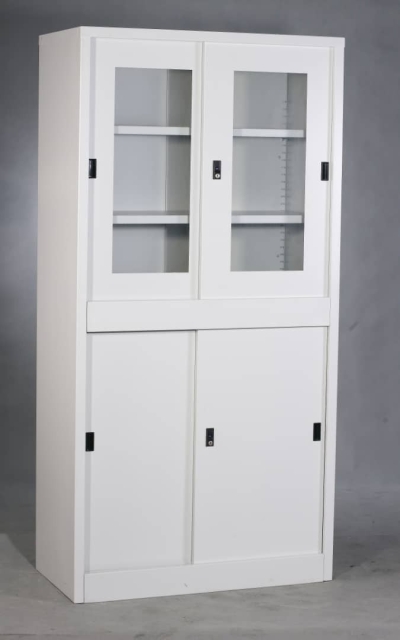 Full height steel cupboard with top glass sliding and bottom steel sliding door