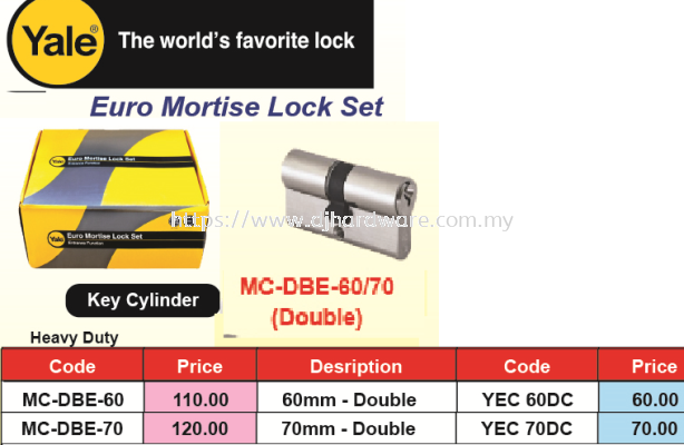 YALE EURO MORTISE LOCK SET KEY CYLINDER MC DBE 70 DOUBLE (WS)