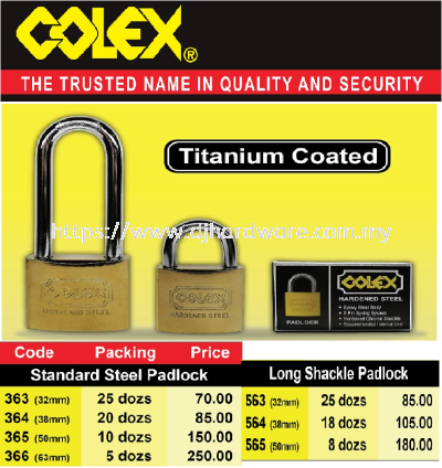 COLEX TITANIUM COATED STANDARD STEEL & LONG SHACKLE PADLOCK (WS)