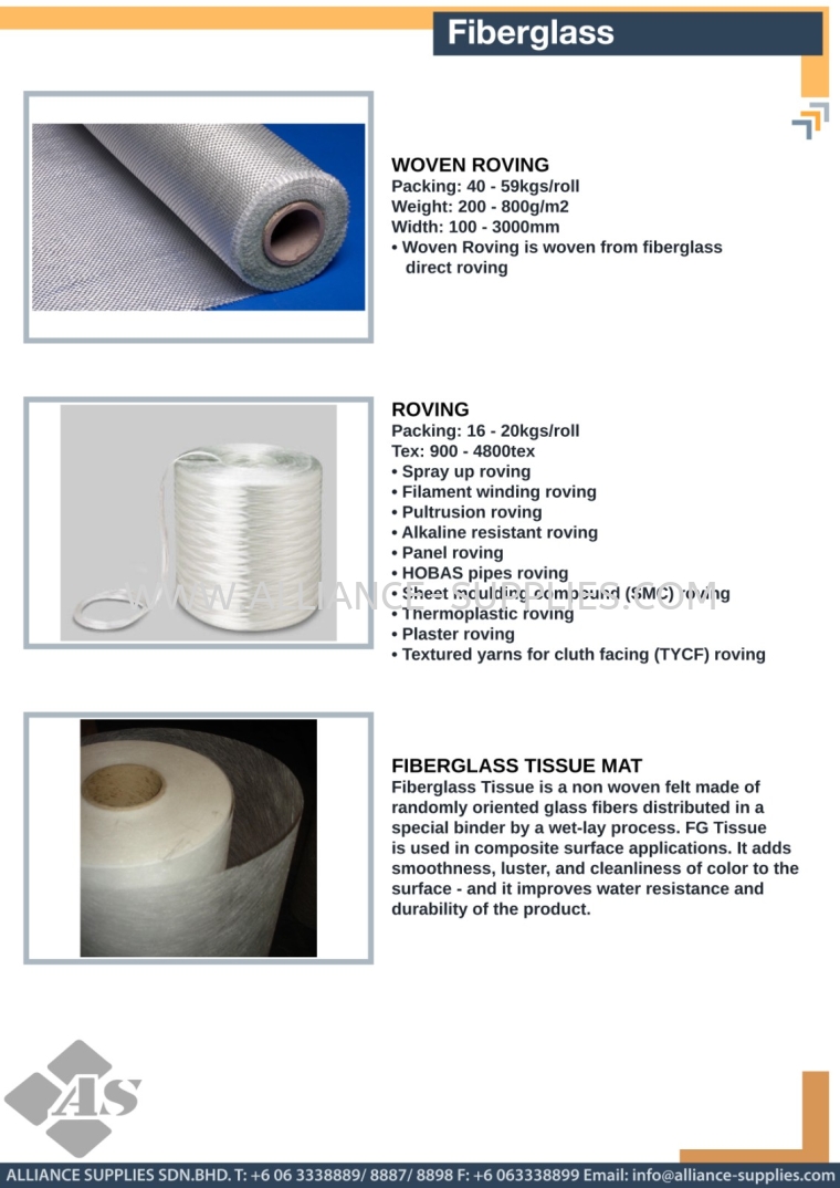 Woven Roving / Roving / Fiberglass Tissue Mat Fiberglass Raw Materials For The Composite Industry MRO CONSUMABLES / HARDWARE