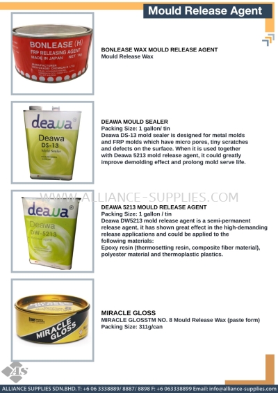 Bonlease wax mold release agent / Deawa mold sealer / DEAWA 5213 mold release agent / Miracle Gloss