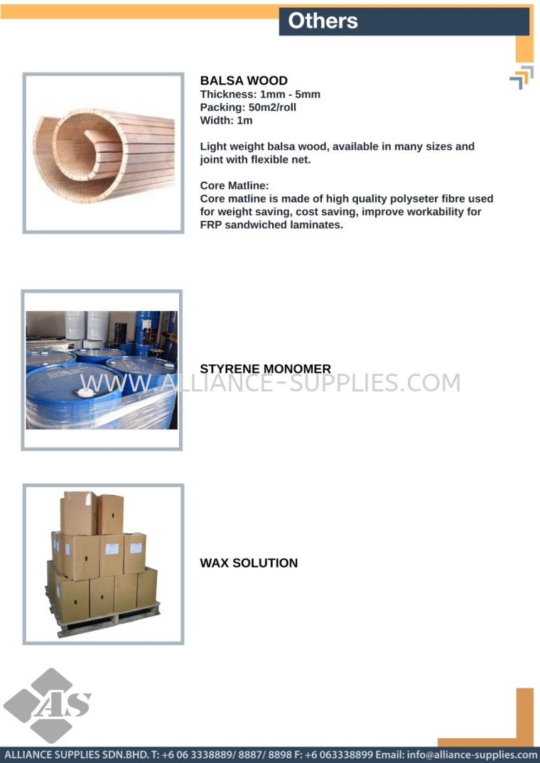 Balsa Wood / Styrene Monomer / Wax Solution Others Raw Materials