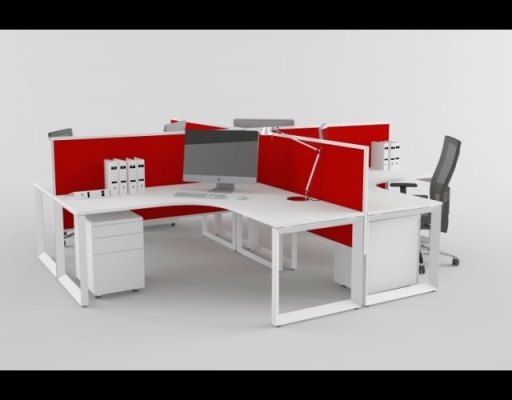 4 gang of cross shape workstation with red desking system and square leg