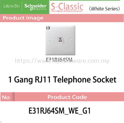 SCHNEIDER ELECTRIC S CLASSIC WHITE SERIES 1GANG RJ11 TELEPHONE SOCKET (WS)