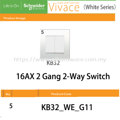 SCHNEIDER ELECTRIC VIVACE WHITE SERIES 16AX 2GANG 2 WAY SWITCH  (WS)