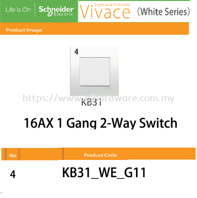 SCHNEIDER ELECTRIC VIVACE WHITE SERIES 16AX 1GANG 2 WAY SWITCH  (WS)