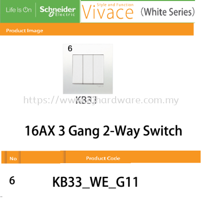 SCHNEIDER ELECTRIC VIVACE WHITE SERIES 16AX 3GANG 2 WAY SWITCH  (WS)