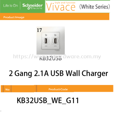 SCHNEIDER ELECTRIC VIVACE WHITE SERIES 2GANG 2.1A USB WALL CHARGER (WS)