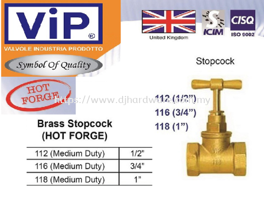 VIP COPPER PIPE FITTING HOT FORGE BRASS STOPCOCK 118 (WS)