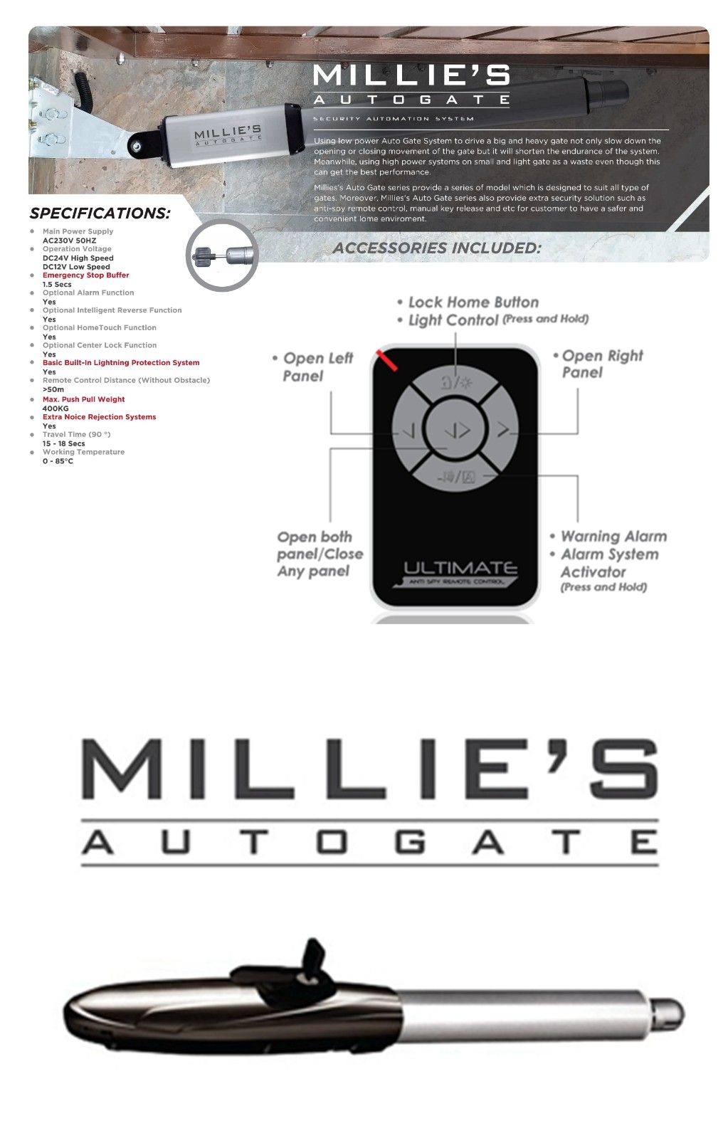 Pintu Pagar Automatik Sistem Arm Jenis MILLIES  Sistem Pintu Pagar Automatik MILLIES Arm  Sistem Pintu Pagar Automatik Arm Katalog & Brosur