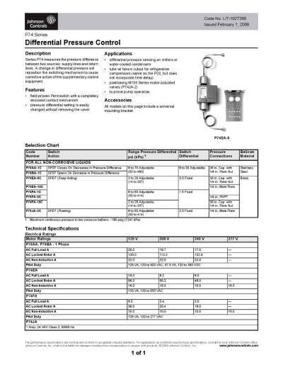 Johnson Controls P74 Series Differential Pressure Controls