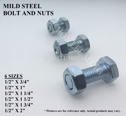 MILD STEEL BOLT & NUT [1/2"X3/4"] [1/2"X1"] [1/2"X 1 1/4"] [1/2"X1 1/2"] [1/2"X1 3/4"] [1/2"X2"] 