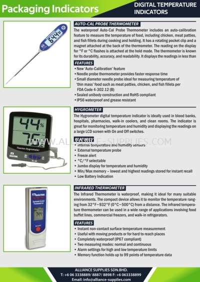 Digital Temperature Indicators - Auto-Cal Probe Thermometer / Hygrometer / Infrared Thermometer