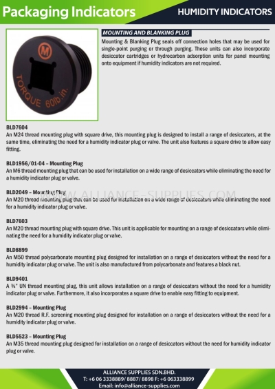 Humidity Indicators - Mounting and Blanking Plug
