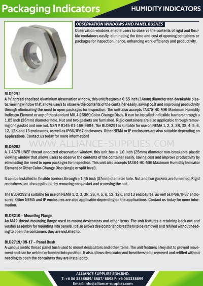 Humidity Indicators - Observation Windows and Panel Bushes