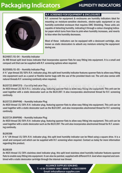 Humidity Indicators - R.F. Screened for Equipment & Enclosures