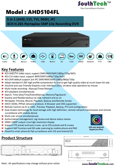 South Tech - AHD5104FL (4 Saluran 5mp Recorder)