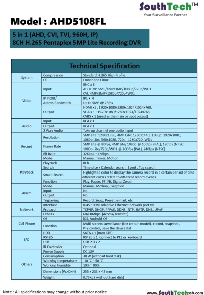 South Tech - AHD5108FL (8 Channels 5mp Recorder)