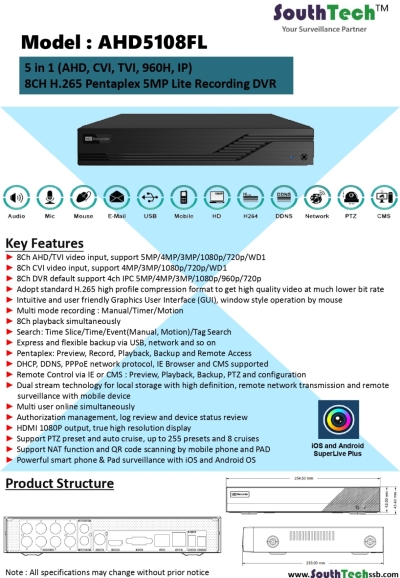 South Tech - AHD5108FL (8 Saluran 5mp Recorder)