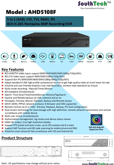 South Tech - AHD5108F (8 Saluran 8mp Recorder)