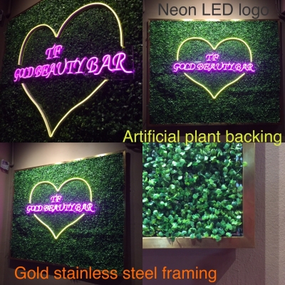 Gold Stainless Steel Frame Neon Sign With Grass Backing