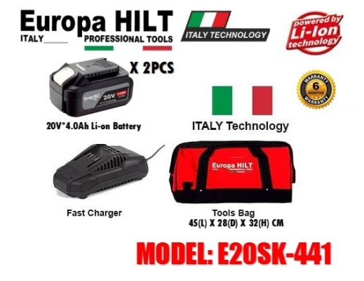 Europa Hilt E20SK-441 20V 4.0AH Starter Kit With Battery Charger x2pcs , Charger x1pc , Bag x1pc ID32873