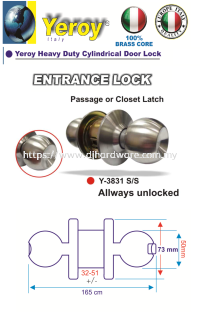 YEROY HIGH QUALITY HEAVY DUTY CYLINDRICAL LOCK ALLWAYS UNLOCKED Y3831SS (LSK)