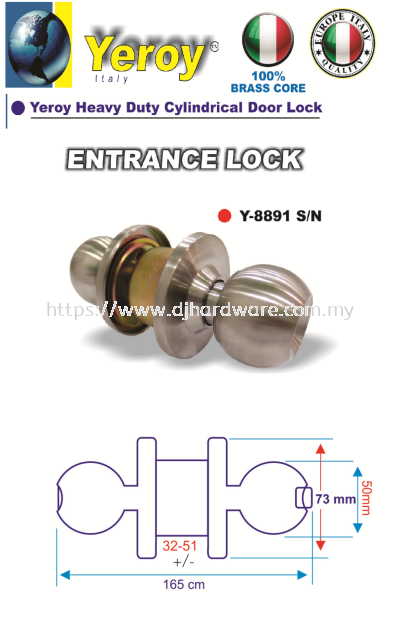 YEROY HIGH QUALITY HEAVY DUTY CYLINDRICAL LOCK Y8891SN (LSK)