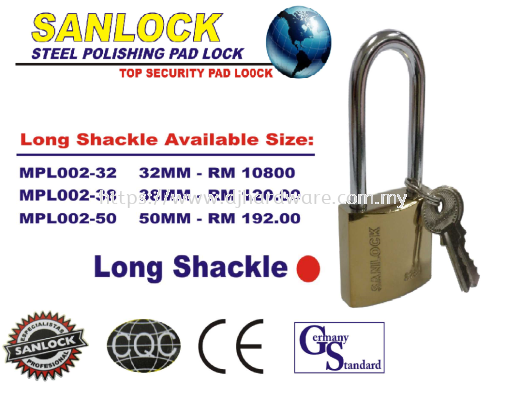 SANLOCK STEEL POLISHING PAD LOCK TOP SECURITY LONG SHACKLE PAD LOCK (LSK)