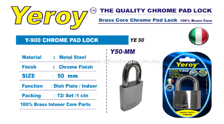YEROY THE QUALITY CHROME BRASS CORE PAD LOCK Y900 YE50 50MM (LSK)