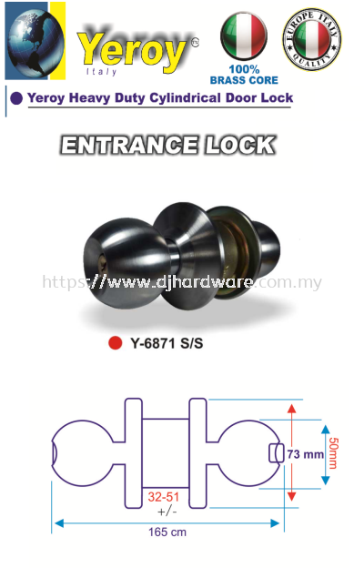 YEROY HIGH QUALITY HEAVY DUTY CYLINDRICAL LOCK Y6871SS (LSK)