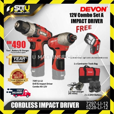 DEVON 7297-Li-12 Cordless Drill / 5228-Li-12 Impact Driver (12V Combo set A) Free LED Work Light 12V Solo Unit
