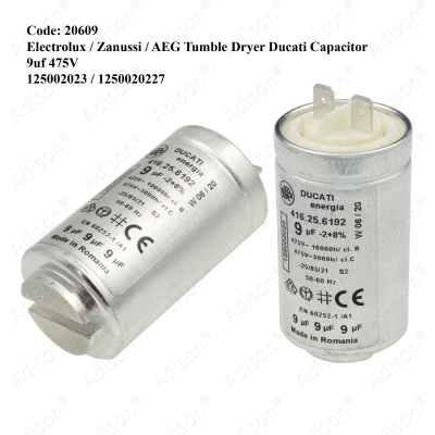 Code: 20609 Electrolux / Zanussi / AEG Tumble Dryer Ducati Capacitor 9uf 475V 125002023 / 1250020227