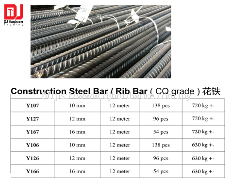 CONSTRUCTION STEEL BAR RIB BAR CQ GRADE 12METER 16MM Y166 (CL)