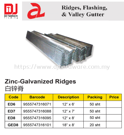 RIDGES FLASHING & VALLEY GUTTER ZINC GALVANIZED REDGES GED8 9555747316101 (CL)