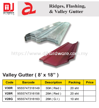 RIDGES FLASHING & VALLEY GUTTER VALLEY GUTTER 8 X 18 RED 30 V30R 9555747316149 (CL)