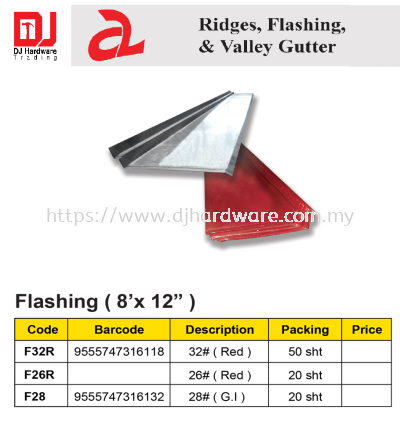 RIDGES FLASHING & VALLEY GUTTER FLASHING 8 X 12 RED 26 F28R (CL)