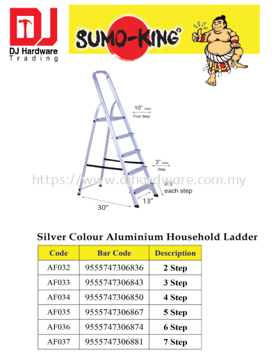 SUMO KING SILVER COLOUR ALUMINIUM HOUSEHOLD LADDER AF035 5 STEP 9555747306867 (CL)