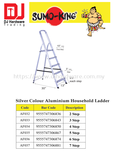 SUMO KING SILVER COLOUR ALUMINIUM HOUSEHOLD LADDER AF037 7 STEP 9555747306881 (CL)
