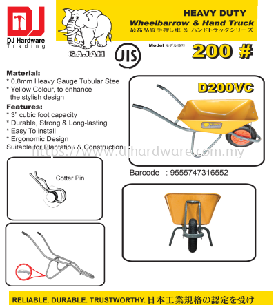 GAJAH WHEELBARROW & HAND TRUCK HEAVY DUTY 0.8MM HEAVY GAUGE TUBULAR STEEL 200 D200VC 9555747316552 (CL)