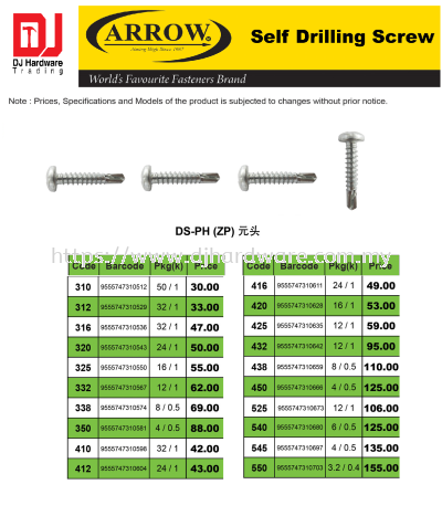 ARROW WORLDS FAVOURITE FASTENERS BRAND SELF DRILLING SCREW ROUND HEAD DSPH ZP 412 9555747310604 (CL)