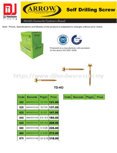 ARROW WORLDS FAVOURITE FASTENERS BRAND SELF DRILLING HEX HEAD ROOFING AWNING SCREW FOR METAL TD HO 645 9555747311151 (CL)