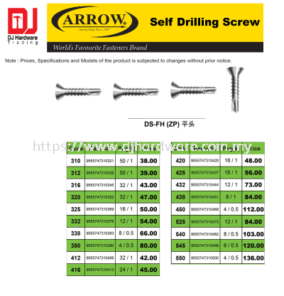 ARROW WORLDS FAVOURITE FASTENERS BRAND SELF DRILLING SCREW FLAT HEAD DSFH ZP 338 9555747310383 (CL)