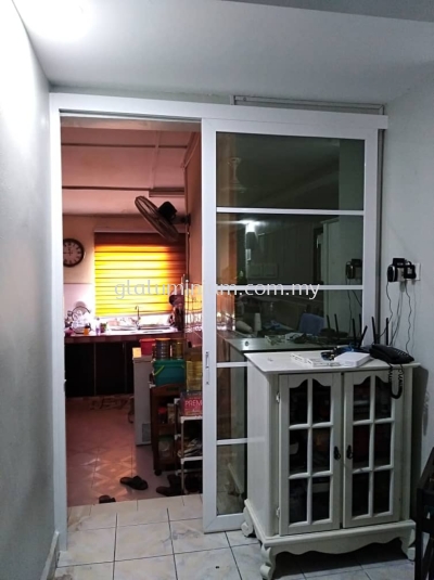 One panel hanging sliding door ( powder coated white + Resfrastive glass) @Taman Sri Nanding, ulu langat 