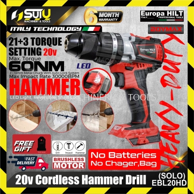 Europa Hilt EBL20HD 20V Cordless Impact Hammer Drill with Brushless Motor (SOLO - No Battery & Charger))