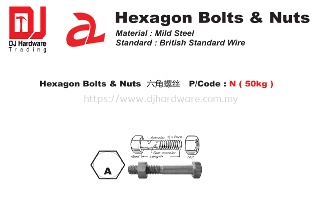 HEXAGON BOLTS NUTS MILD STEEL BRITISH STANDARD WIRE A (CL)